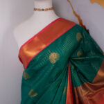 Peacock Teal Green & Coral Pink Kanchi Saree